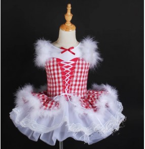 Girls ballet dance dresses red plaid white feather ballerina tutu skirts performance costumes princess party dance outfits